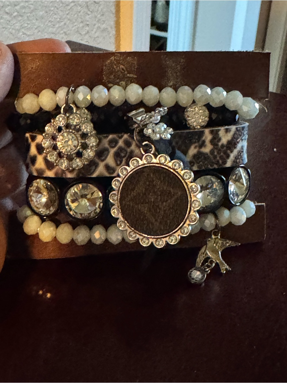 NWT Sandra Ling Upcycled LV Multi-Row White Bead & Leopard Print Charm Bracelet